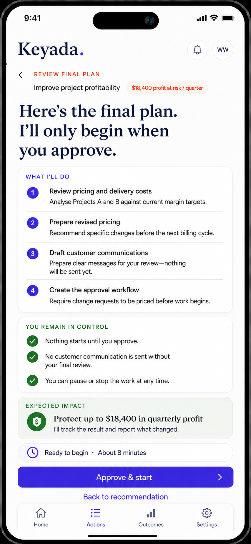 Keyada final plan and explicit approval screen